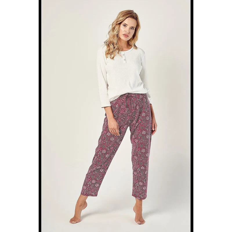 Pyjama en coton 100% Taro 183023 pour femmes sexy, chemisier manches 3/4, pantalon long imprimé, lingerie érotique, taille S-M-L-XL, confort et élégance