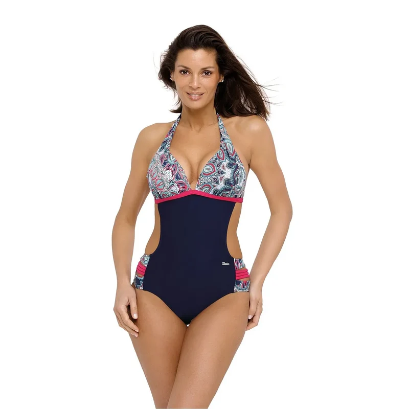 Maillot bain monokini italien rehausseur élégant petites moyennes poitrines motif pastel tissu élastique confortable bretelles décoratives décolleté américain bonnets rembourrés