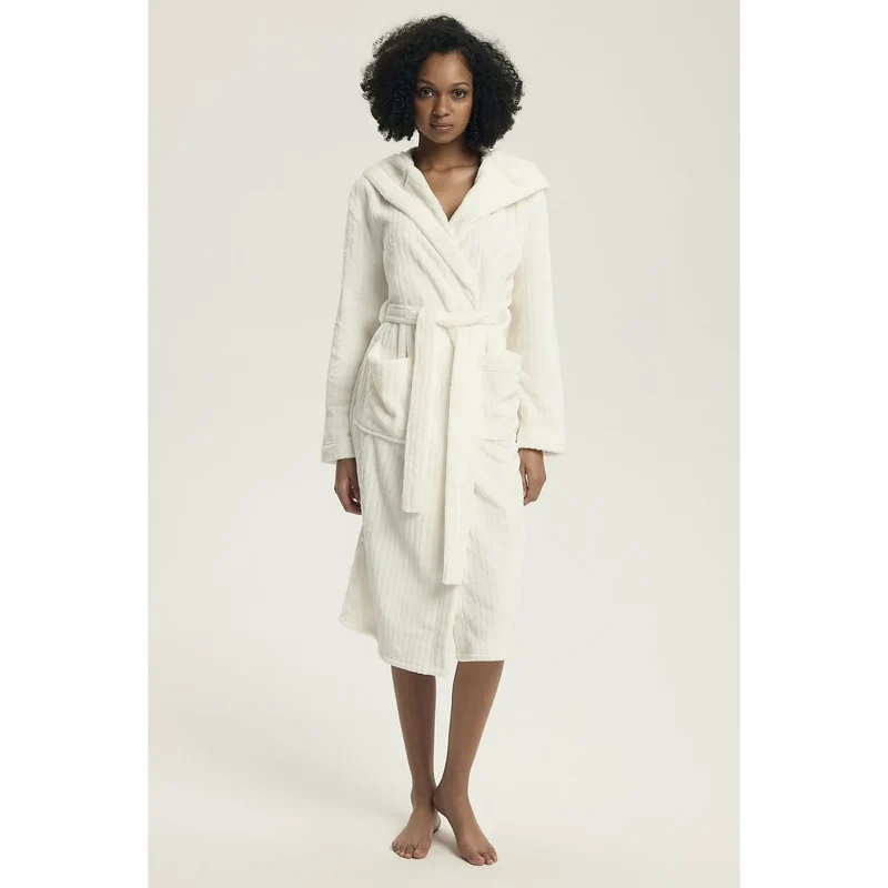 peignoir femme confort élégance coupe ample capuche poches ceinture nouer taille polyester matelassé doux absorbant blanc