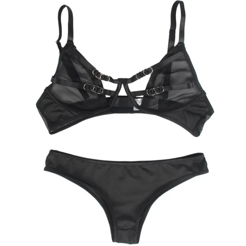 ensemble deux pièces sexy soutien gorge sans armature bretelles réglables anneaux fermoirs multi rubans confort extensible polyester élasthanne taille SM