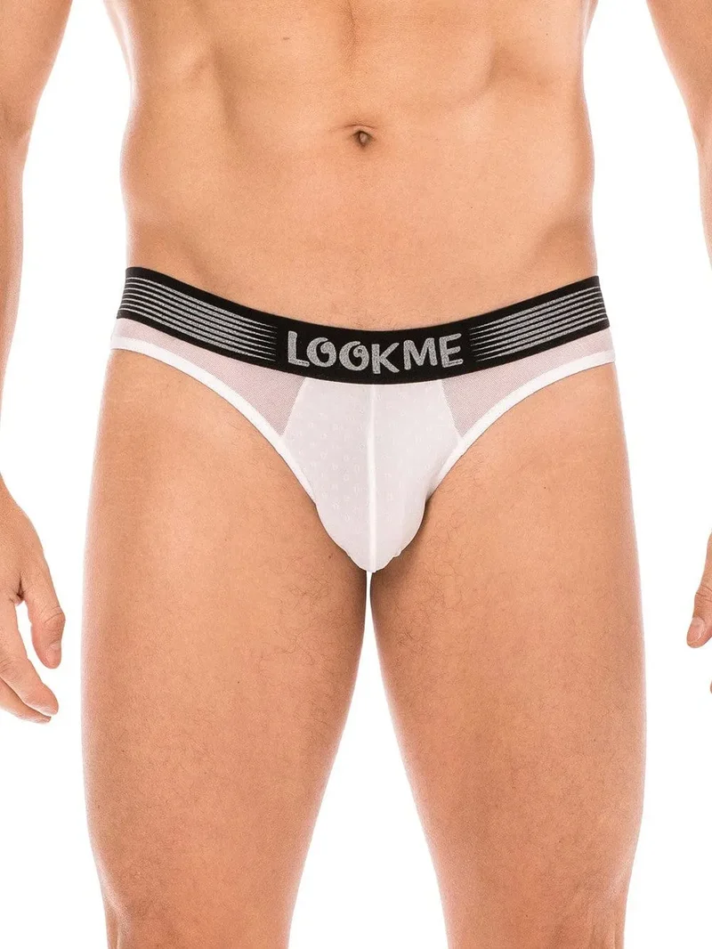 Slip blanc résille confortable large ceinture élastique logotypée LOOKME mélange polyamide élasthanne coupe design silhouette féminine