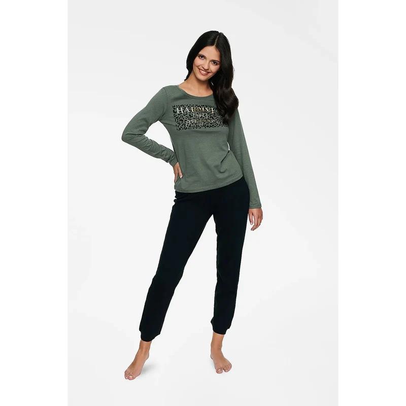 pyjama femme Henderson cotonbiologique doux respirant confortable imprimé animal manches longues encolure ronde pantalon ample coupe ajustée vert olive noir