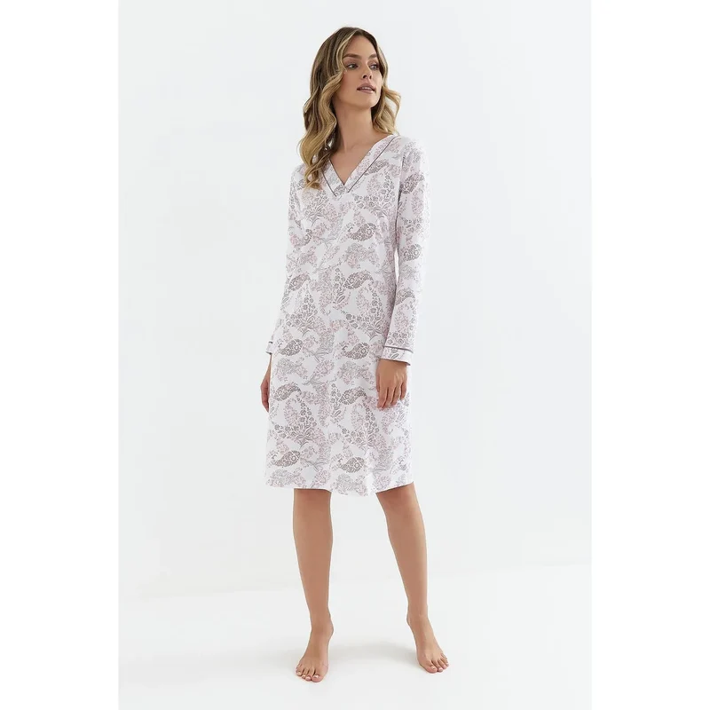 Chemise de nuit érotique élégante en coton/polyester manches longues col V motifs floraux femmes lingerie intime confortable