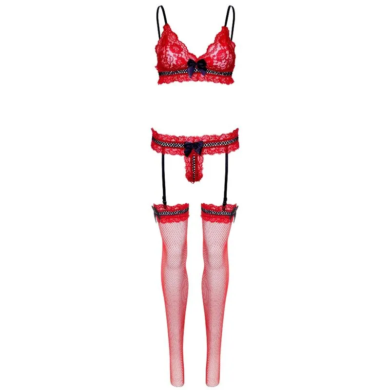 lingerie dentelle rouge volants réglables trois pièces sensuelle féminine élégante raffinée bas résille maintien confortable qualité nylon élasthanne