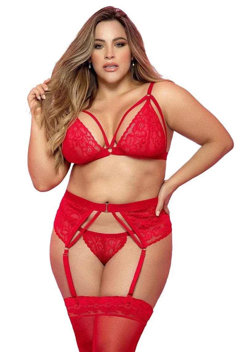 Lingerie Dentelle Rouge Grande Taille Séduisante Ensemble Trio Soutiengorge Ajustable Portejarretelles Réversible String Coordonné Polyamide Elasthanne Confort Maintien