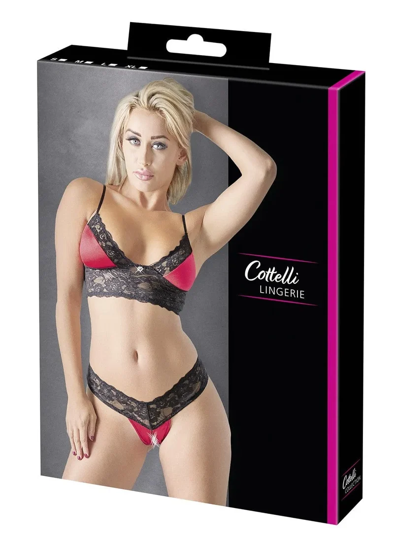 soutien gorge dentelle satin rouge cottelli élégant séduisant féminin glamour bretelles réglables strass coeur bande maintien bonnets string ouverture entrejambe