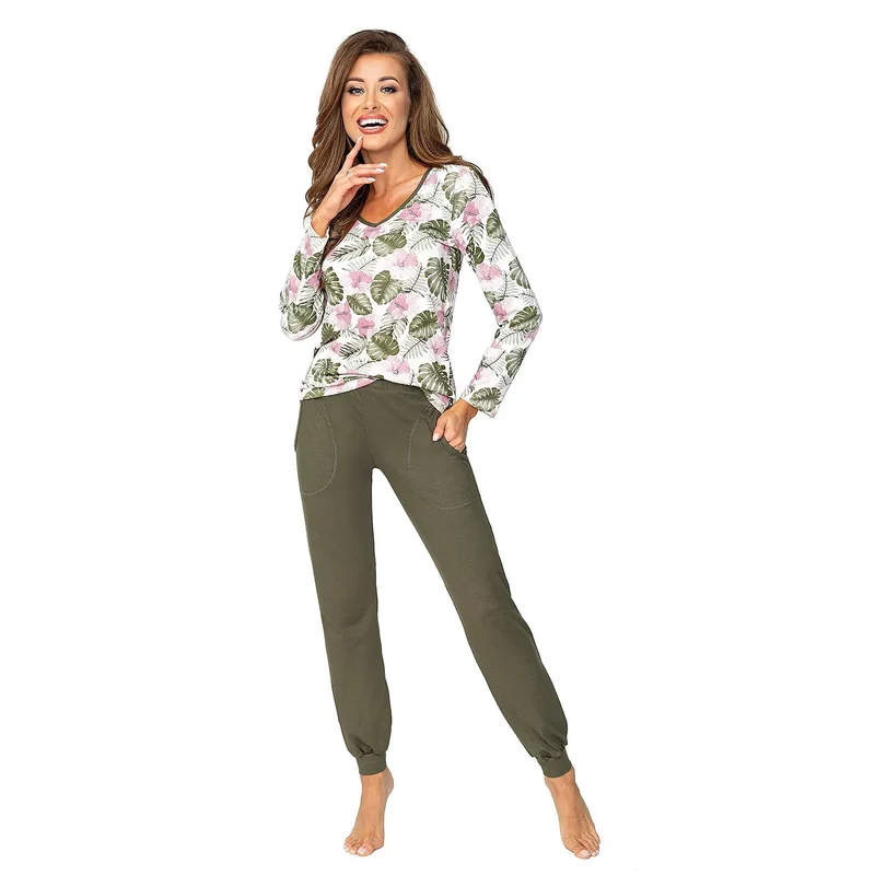 Pyjama femme rose olive fleurs manches longues décolleté V confortable