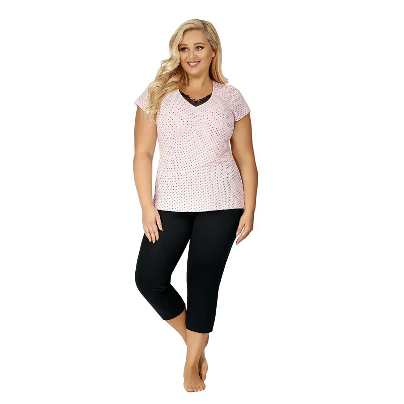 Pyjama grande taille noir rose pois dentelle femme confortable 7/8 Donna