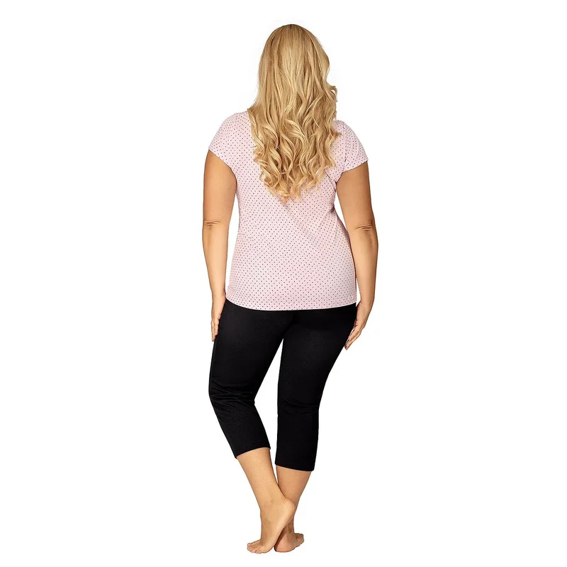 Pyjama grande taille noir rose pois dentelle femme confortable 7/8 Donna