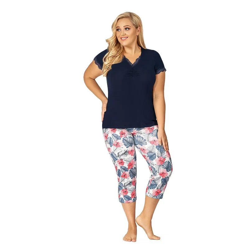 Pyjama femme dentelle manches courtes motif exotique printemps Donna