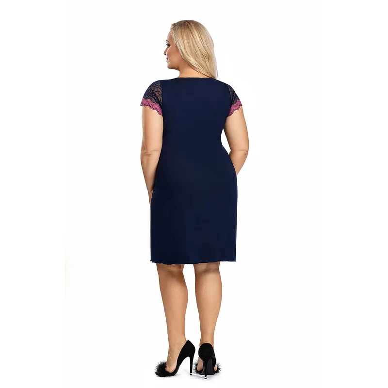 Chemise de nuit grande taille élégante bleu marine dentelle rose Donna