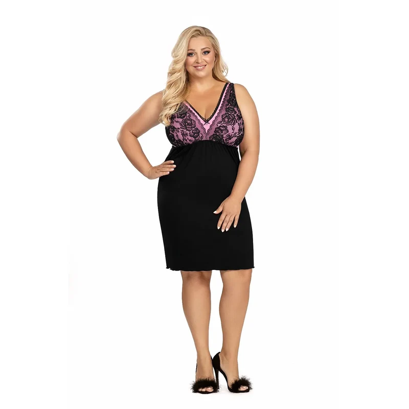 Chemise de nuit noire grande taille dentelle rose encolure V Donna