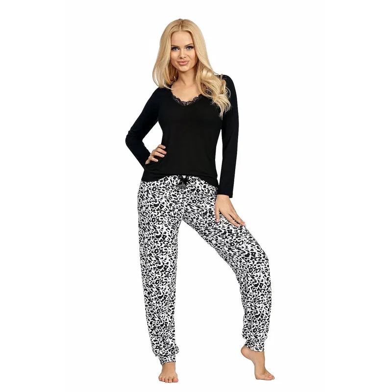 Pyjama femme élégant motif léopard noir blanc dentelle manches longues