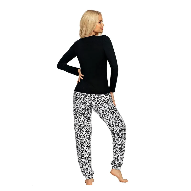 Pyjama femme élégant motif léopard noir blanc dentelle manches longues