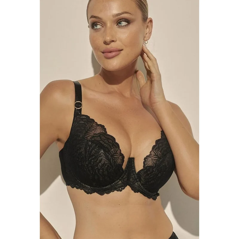 Soutien-gorge semi-soft noir dentelle écru grandes tailles confort Kinga