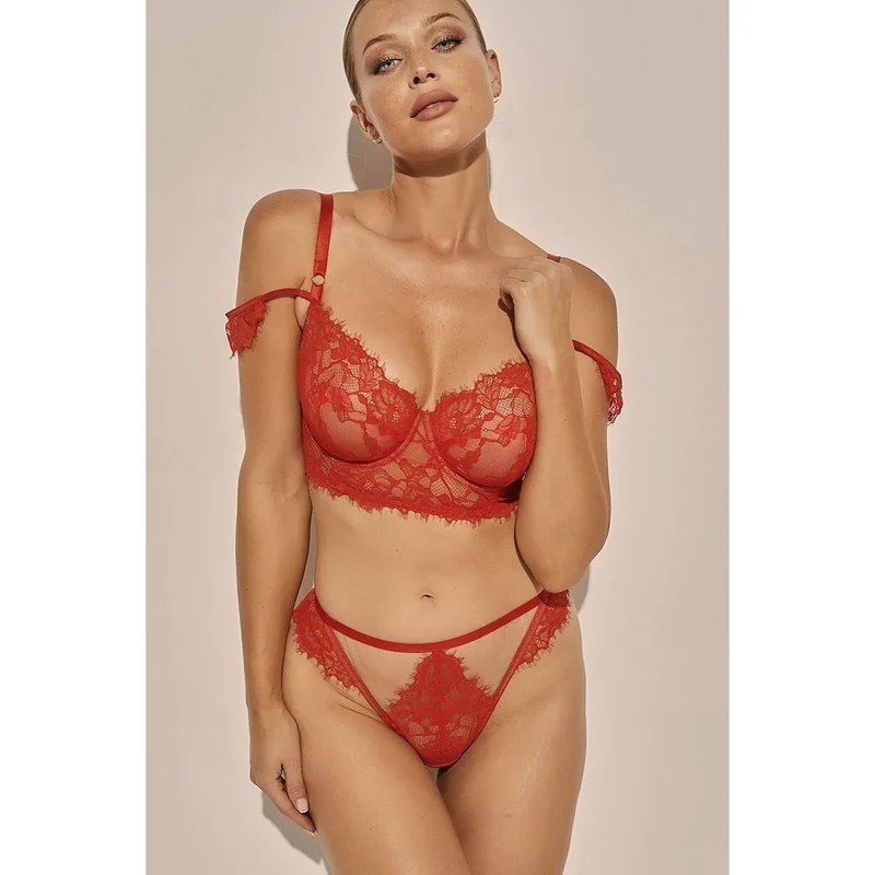 Soutien-gorge demi-corset dentelle rouge Angel SC-1146 avec bretelles amovibles