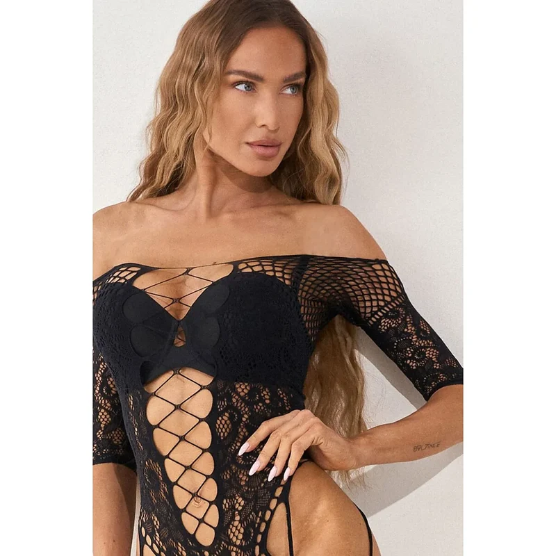 Bodystocking femme maille élastique dentelle laçages séduisant soirée spéciale
