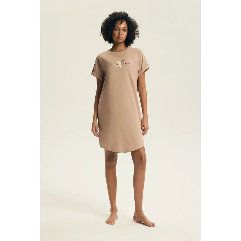 Chemise nuit femme coton imprimé mode col rond manches courtes Henderson