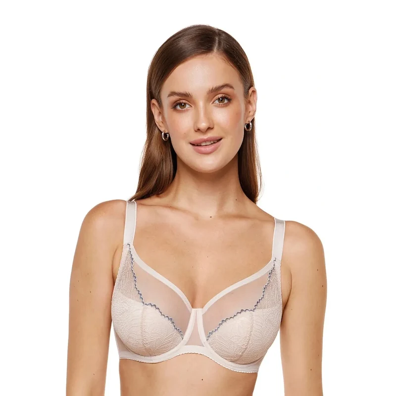 Soutien-gorge dentelle brillante liseré bleu confort asymétrie buste Gorteks