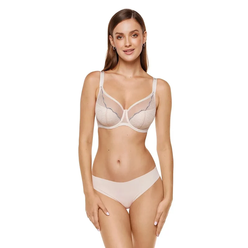 Soutien-gorge dentelle brillante liseré bleu confort asymétrie buste Gorteks