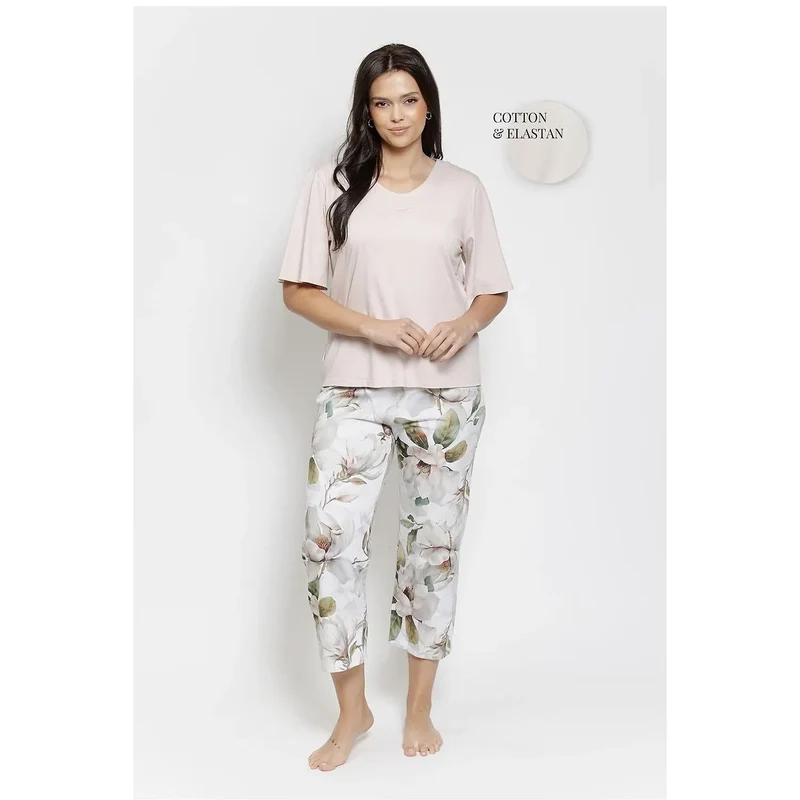 Pyjama femme manches coudes décolleté U coton élasthanne taille élastique XXL à XXXXL