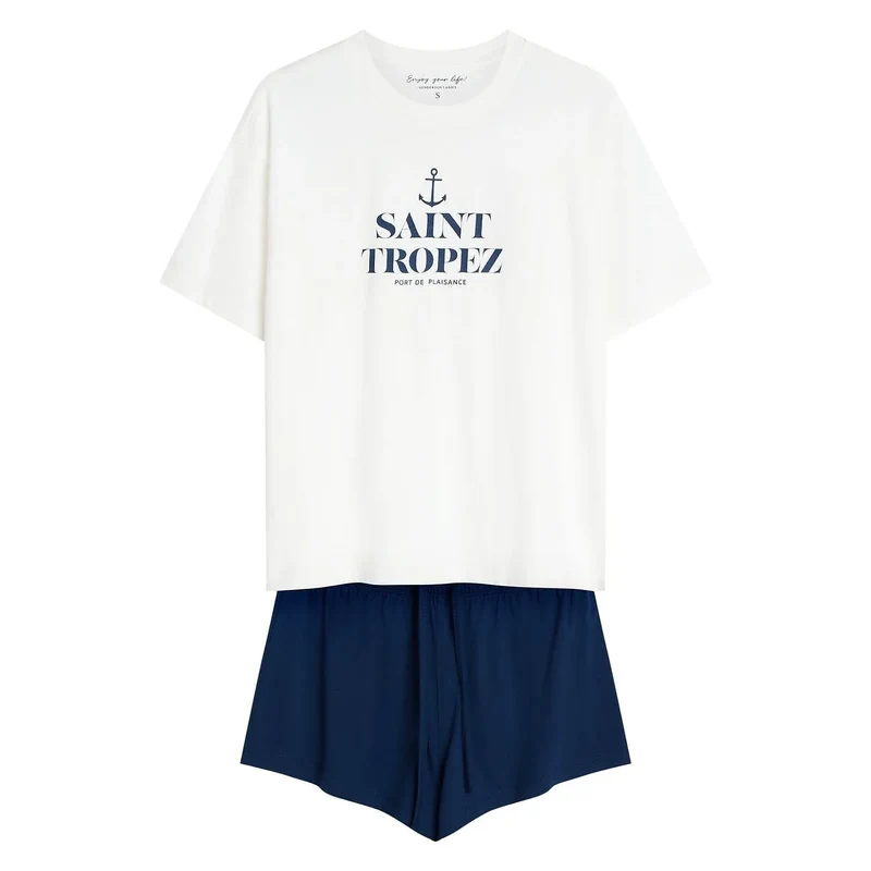 Pyjama femme coton confortable élégant manches courtes short ceinture élastique