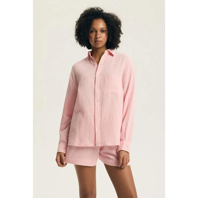 Pyjama femme élégant confortable coton manches longues short ceinture large