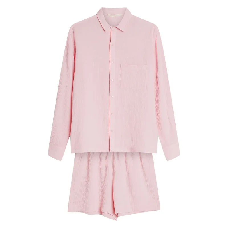 Pyjama femme élégant confortable coton manches longues short ceinture large