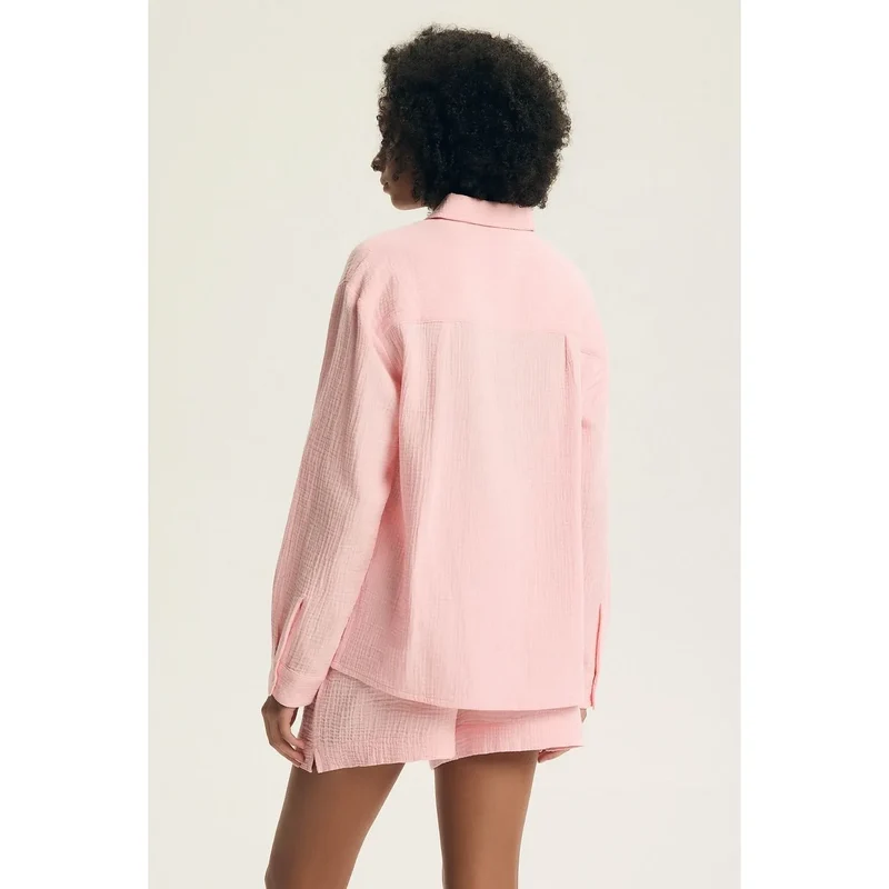 Pyjama femme élégant confortable coton manches longues short ceinture large