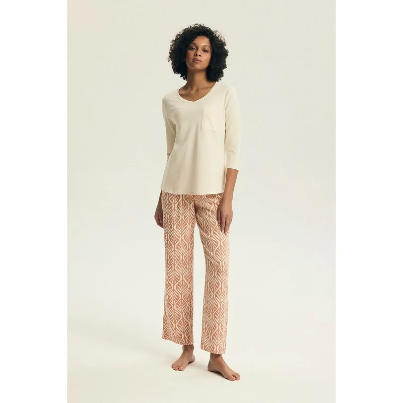 Pyjama femme élégant confort coton manches longues taille élastique