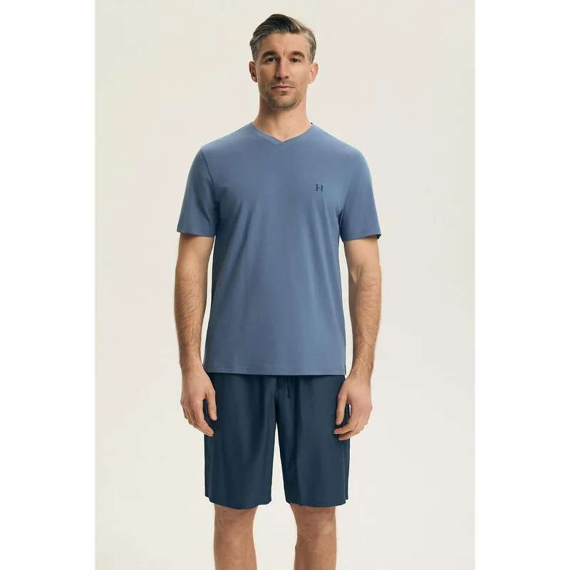 Pyjama homme coton confortable manches courtes short col V nuits chaudes
