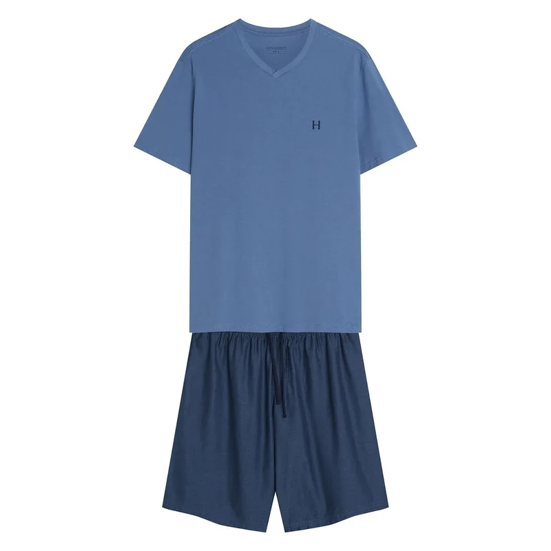 Pyjama homme coton confortable manches courtes short col V nuits chaudes