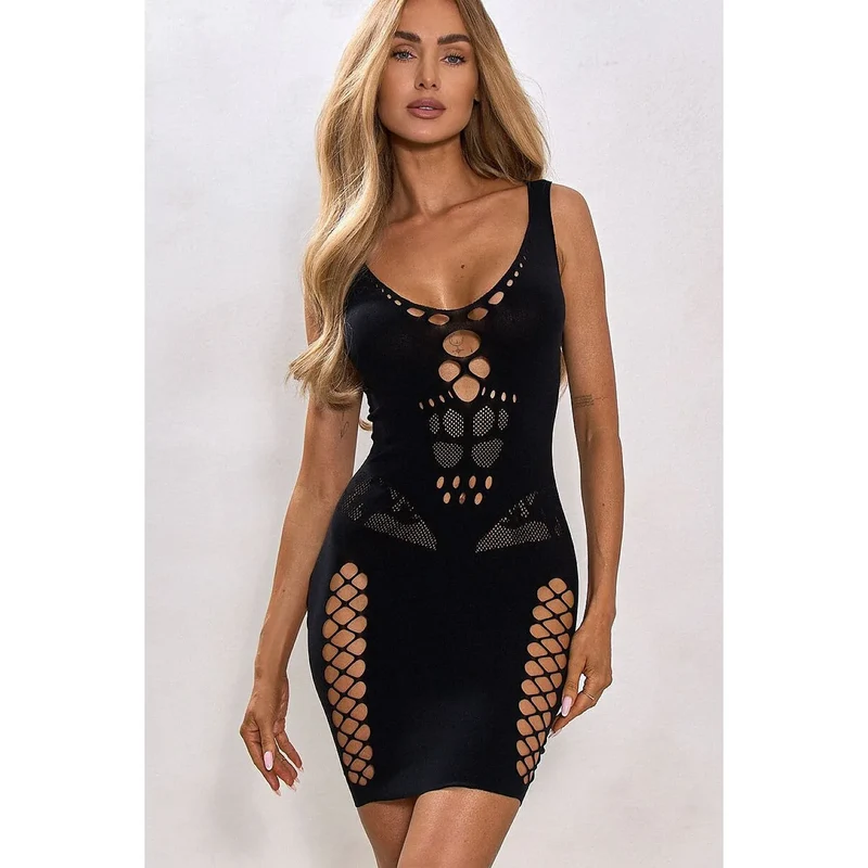 Robe bodystocking noire ajustée découpes sensuelles femme élasthanne féminine
