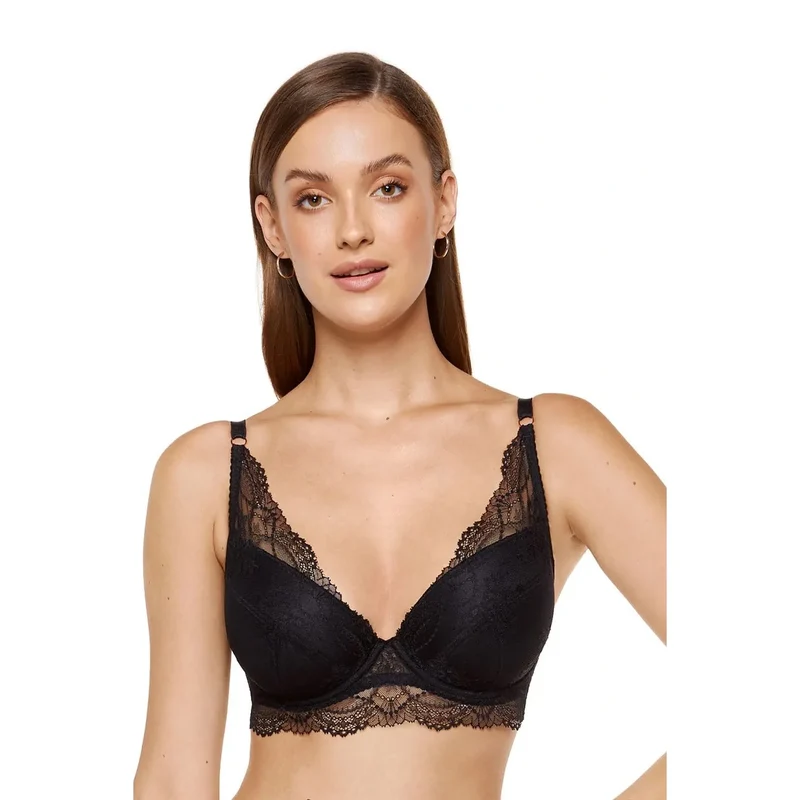 Soutien-gorge plunge noir rembourré dentelle florale confort peau