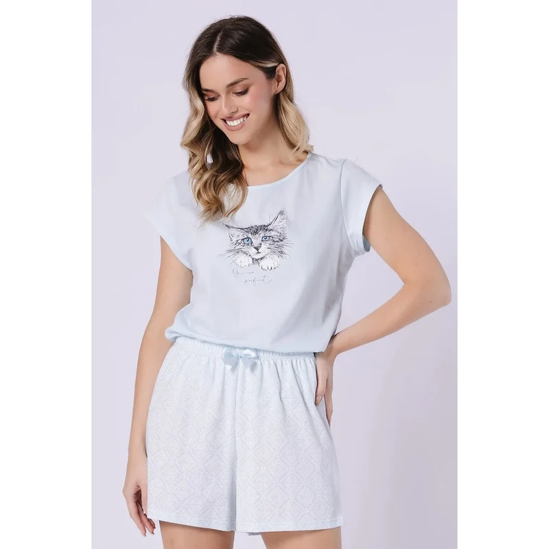 Pyjama femme coton imprimé confort été manches courtes ceinture élastique