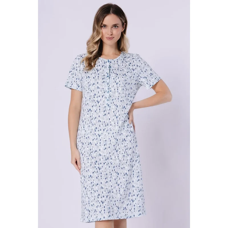 Chemise de nuit coton imprimé boutons-pression confortable manches courtes col rond