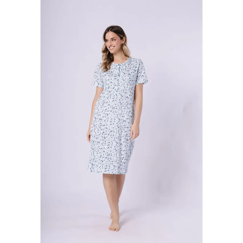 Chemise de nuit coton imprimé boutons-pression confortable manches courtes col rond