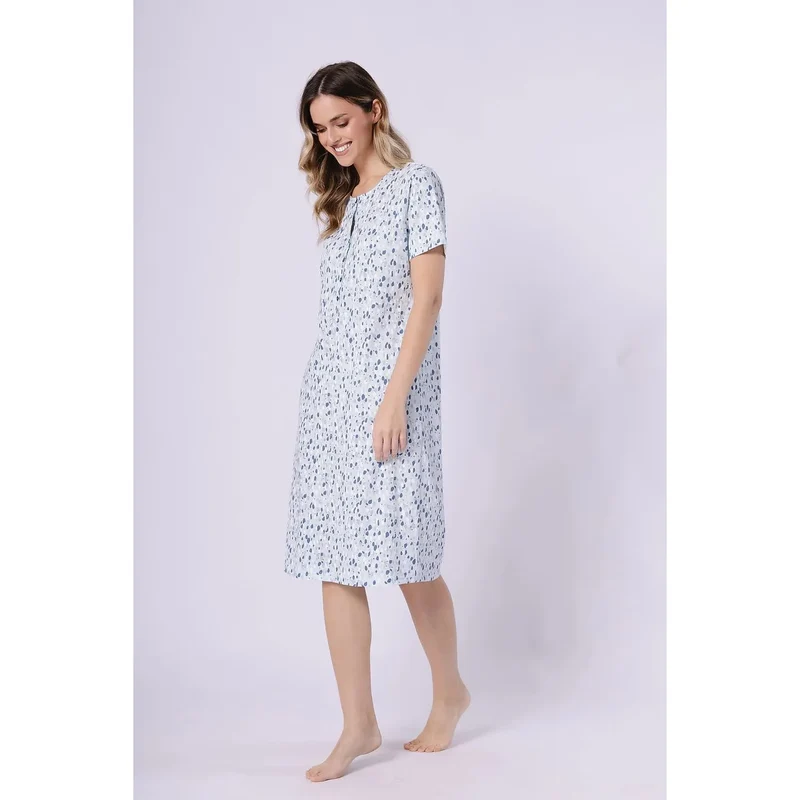 Chemise de nuit coton imprimé boutons-pression confortable manches courtes col rond