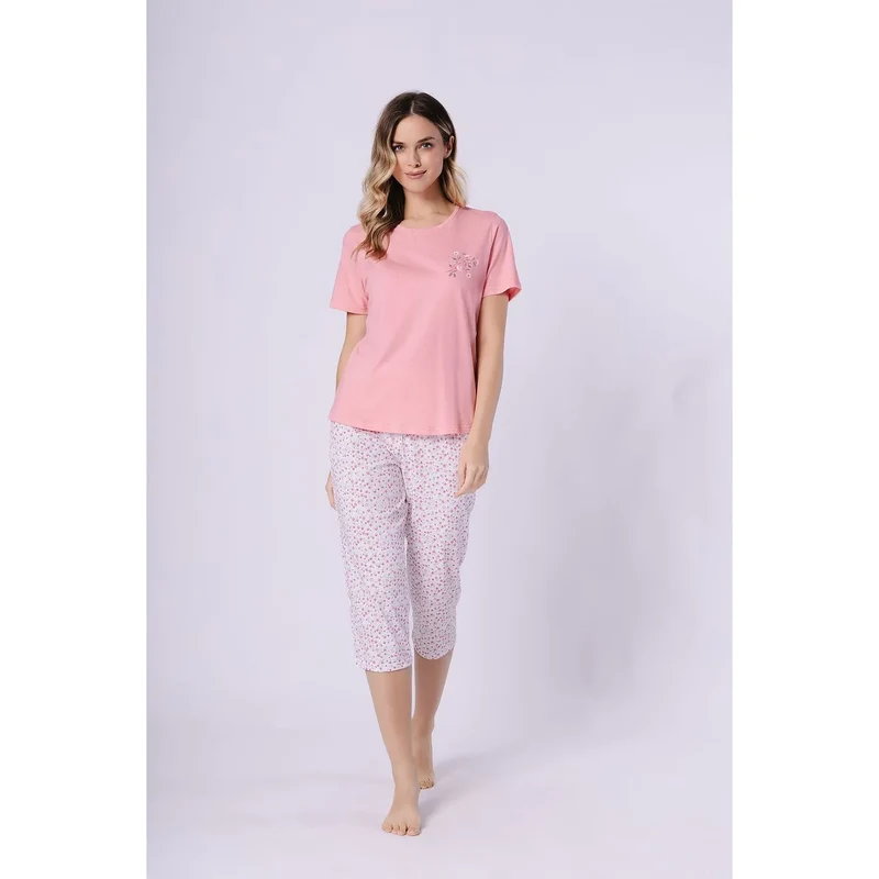 Pyjama femme coton confortable manches courtes pantalon 3/4 motif cadeau