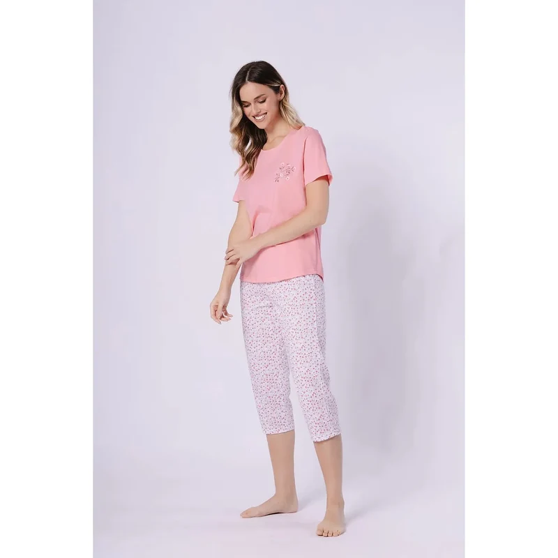Pyjama femme coton confortable manches courtes pantalon 3/4 motif cadeau