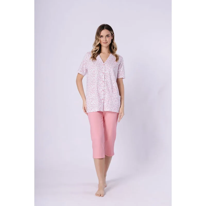 Pyjama femme élégant coton poches manches courtes pantalon 3/4 taille élastique M-Max