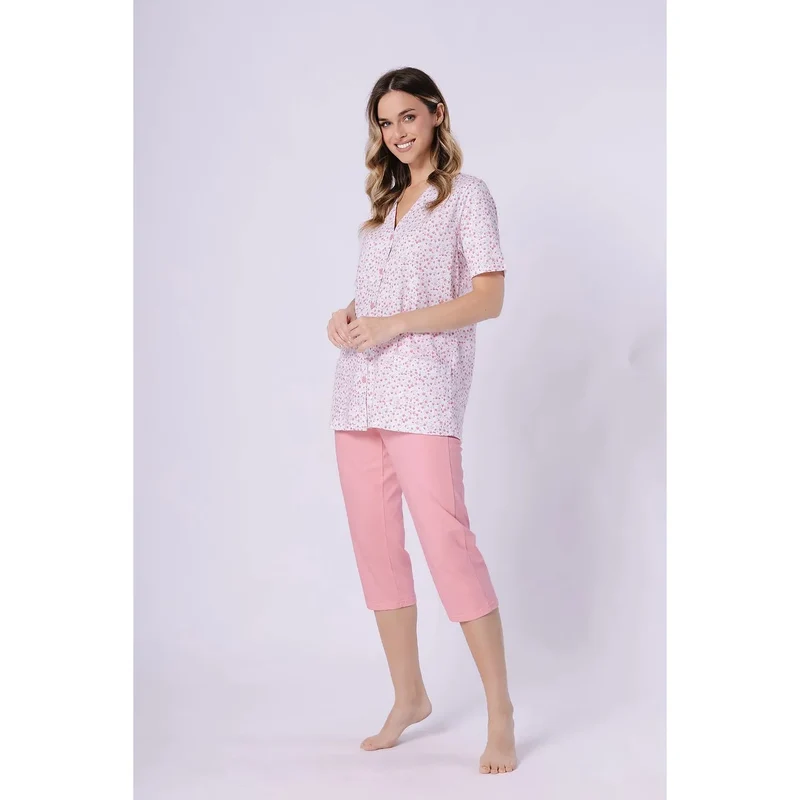 Pyjama femme élégant coton poches manches courtes pantalon 3/4 taille élastique M-Max