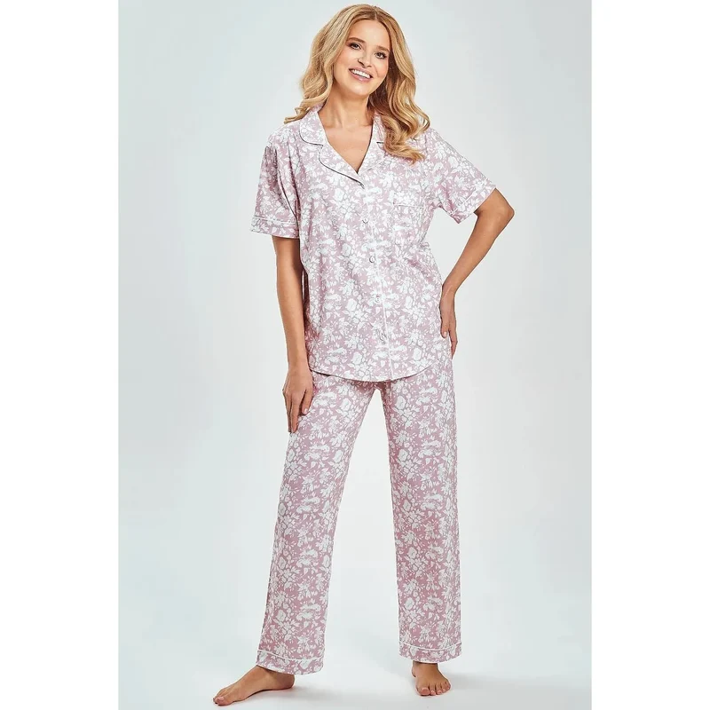 Pyjama femme élégant classique confortable coton manches courtes piping 223676 Taro