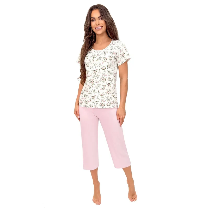 Pyjama femme coton floral manches courtes Pologne rose poudré modèle 223563 Donna