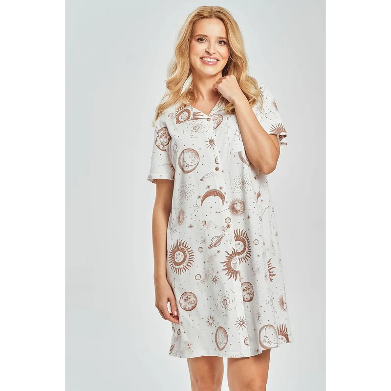 Chemise de nuit coton boutonnée manches courtes imprimé astrologie Taro 223437