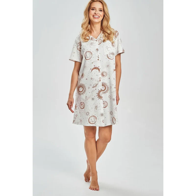 Chemise de nuit coton boutonnée manches courtes imprimé astrologie Taro 223437