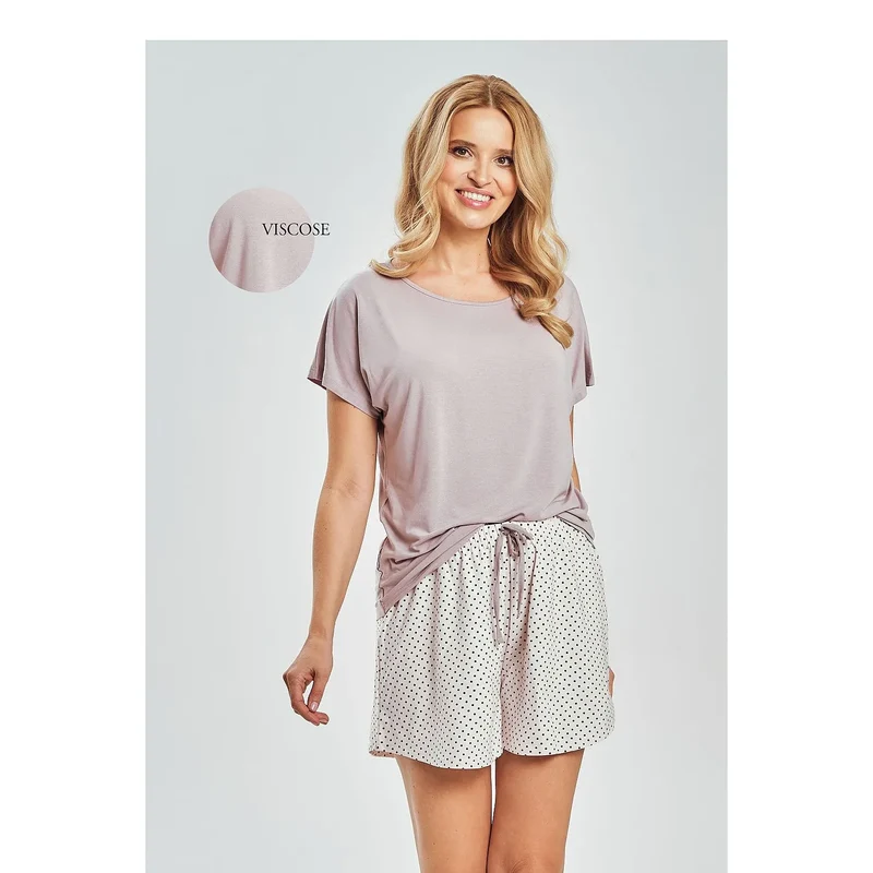 Pyjama femme confortable t-shirt ample moka shorts coton écru pois noirs