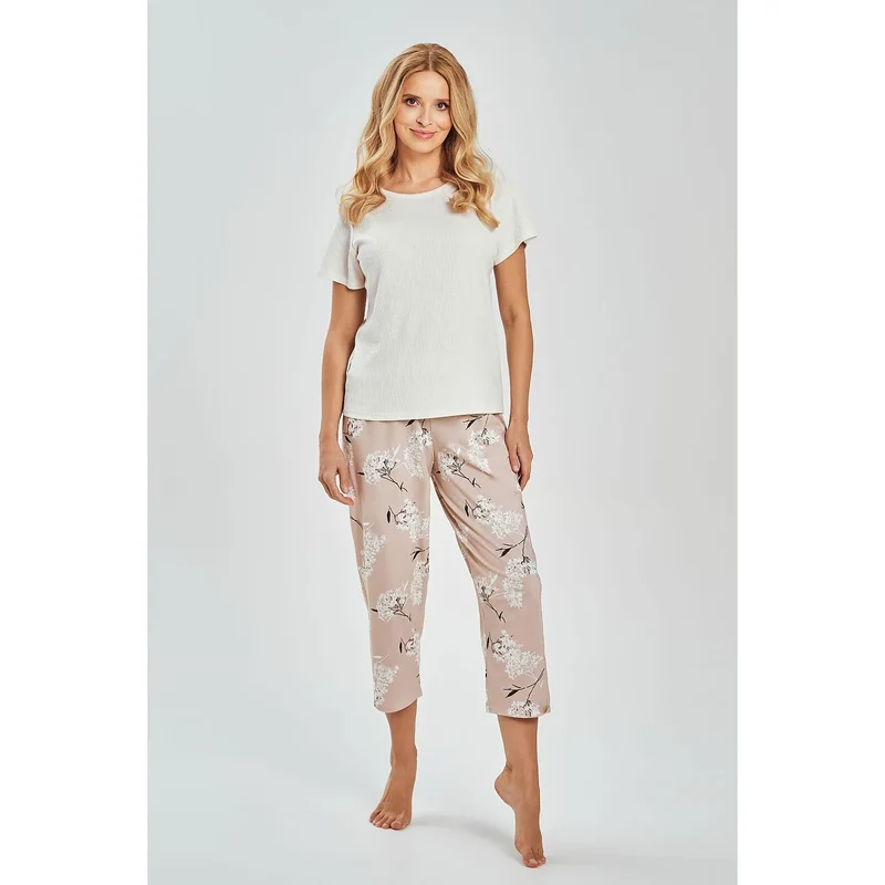 Pyjama femme coton doux manches courtes rayé encolure arrondie végétal