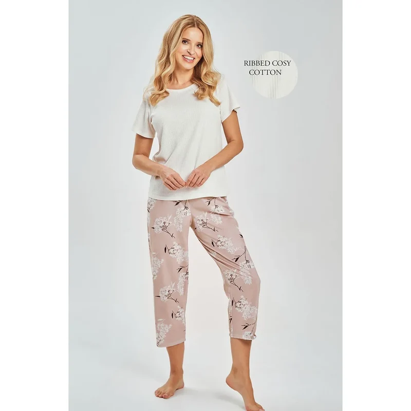 Pyjama femme coton doux manches courtes rayé encolure arrondie végétal