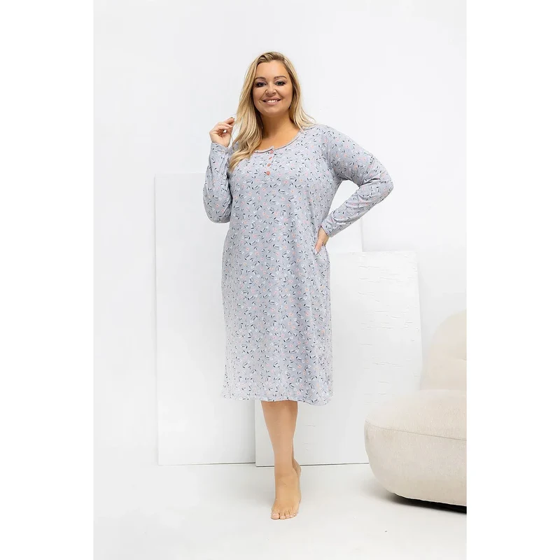 Chemise de nuit grande taille coton fleurs confort manches longues